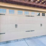 The modern garage door of a beautiful building on a sunny day